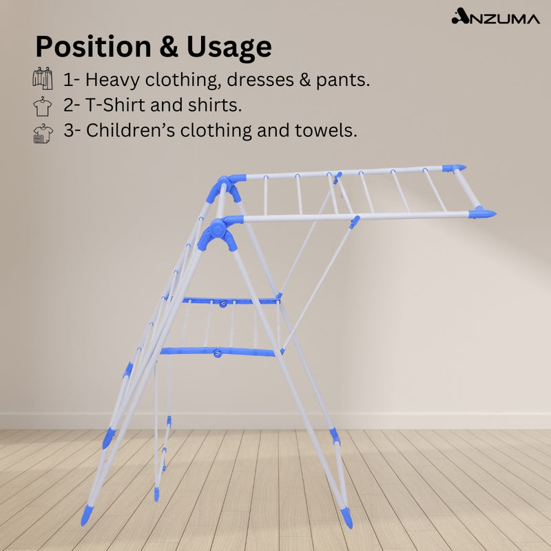 Anzuma Foldable Stainless Steel 140 CM Clothes Drying Stand منشر غسيل قابل للطي with Adjustable Wings and 15 to 20 kg Weight Capacity Clothes Dryer Rack for Indoor and Outdoor, Laundry Stand