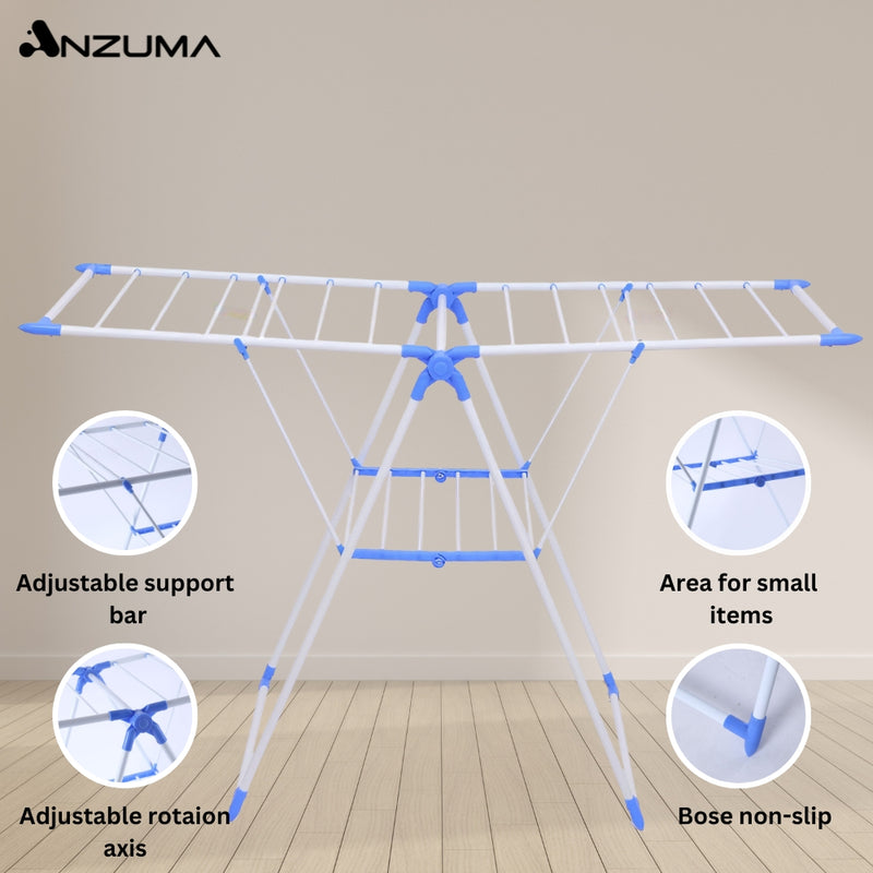 Anzuma Foldable Stainless Steel 140 CM Clothes Drying Stand منشر غسيل قابل للطي with Adjustable Wings and 15 to 20 kg Weight Capacity Clothes Dryer Rack for Indoor and Outdoor, Laundry Stand
